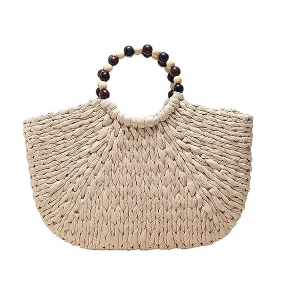 Handmade Woven Straw Bag with Wooden Bead Handles | Vacation Beach Bag | Gift - Picture 1 of 8